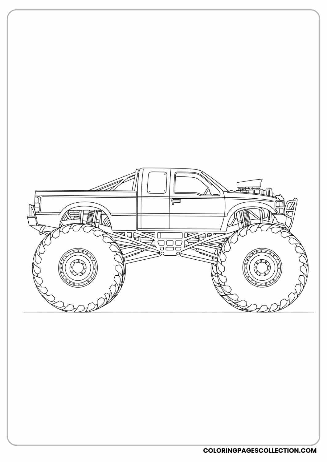 Big lifted truck facing sideways, extra-tall tires, off-road look coloring page
