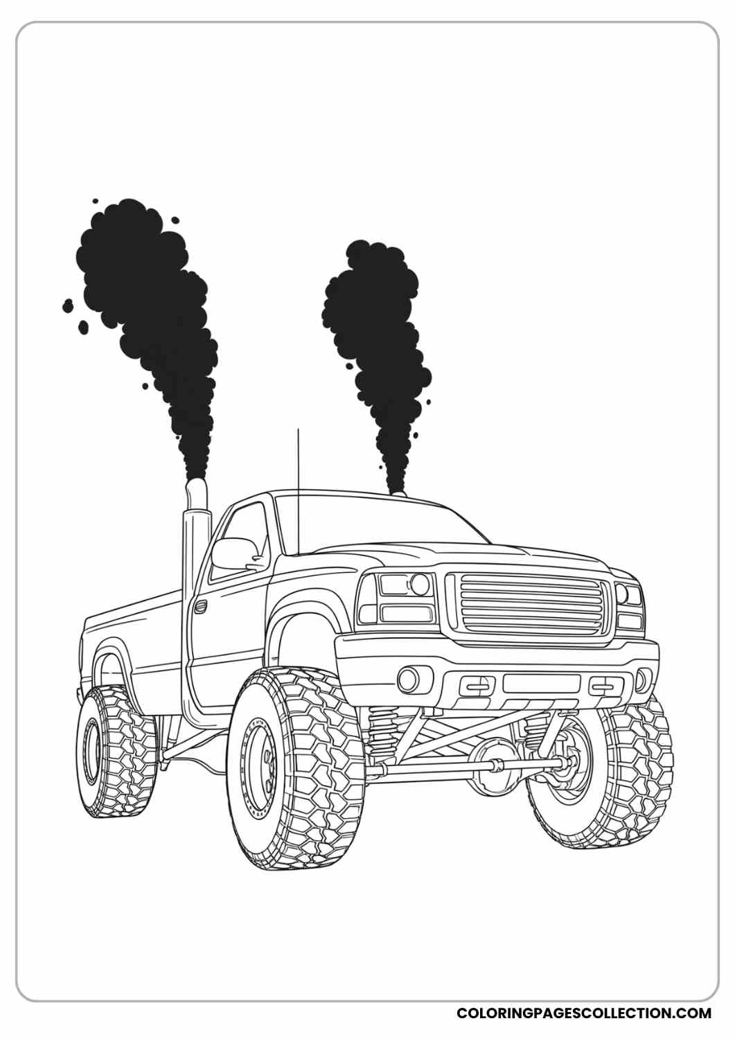 Front angle view of lifted truck, smoke coming from exhaust pipes coloring page