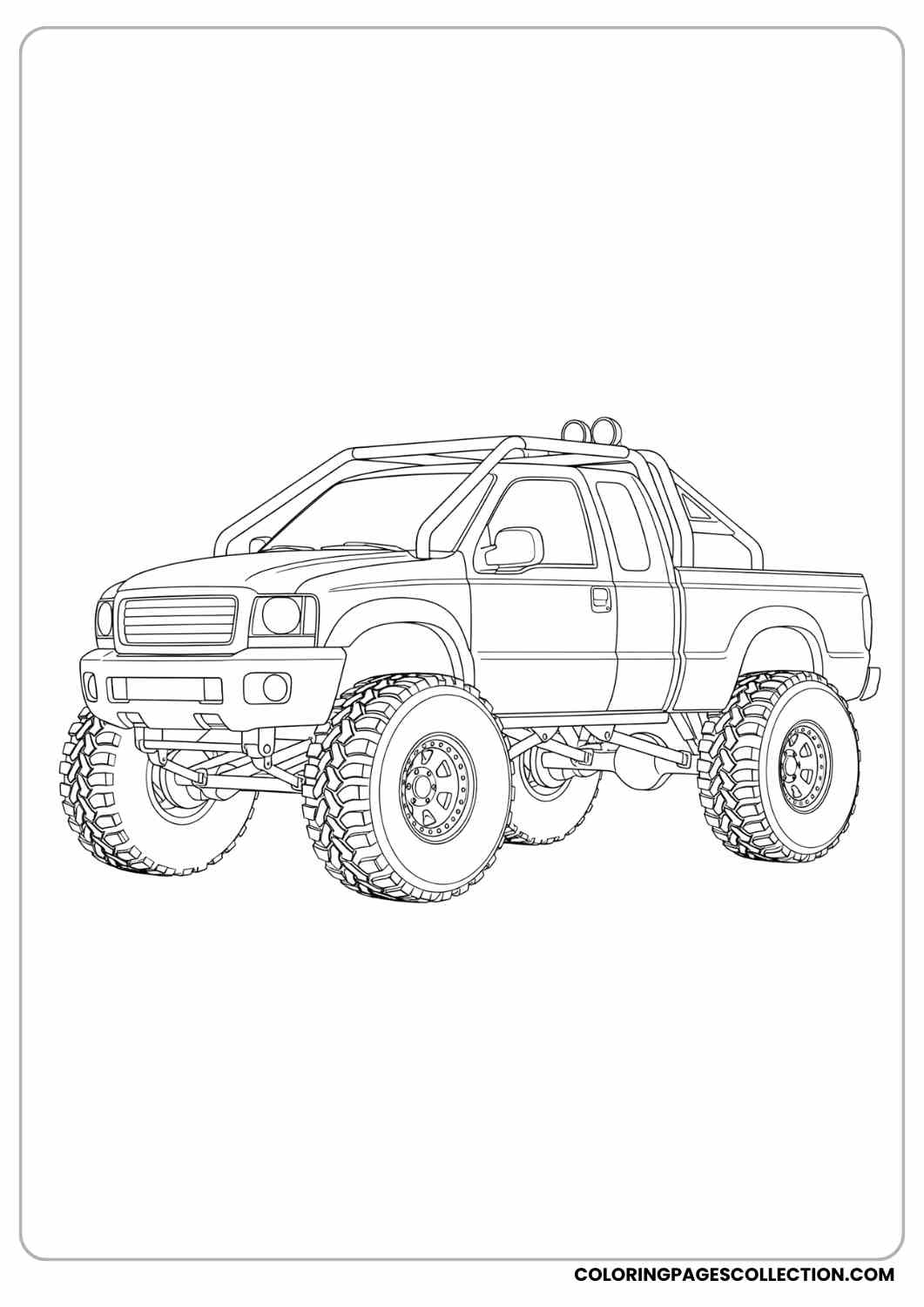 Lifted diesel truck with roll bars, simple headlights, chunky wheels coloring page