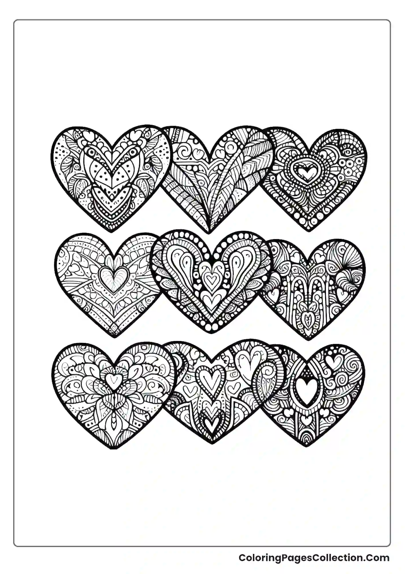 Multiple Small Hearts, Each With A Different Zentangle Design