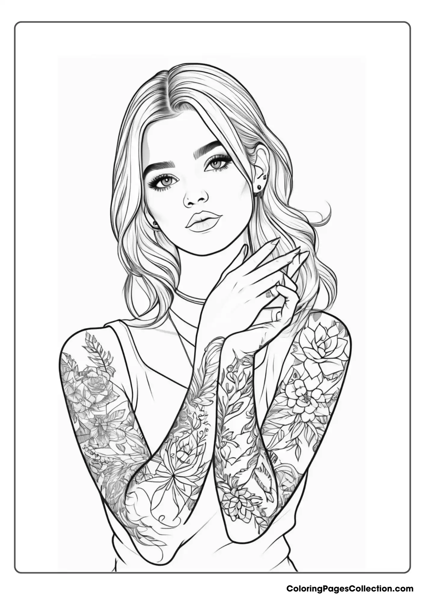 Coloring pages for teens, Realistic Girl with Tattoo on Her Both Hands