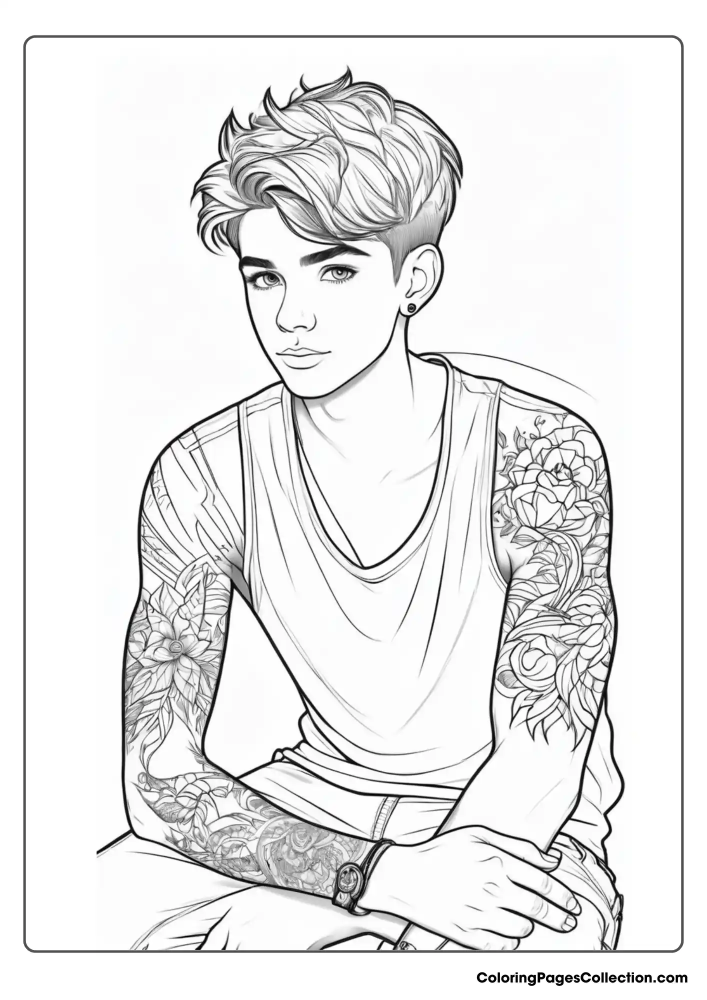 Coloring pages for teens, Realistic Boy with Tattoo on His Both Hands