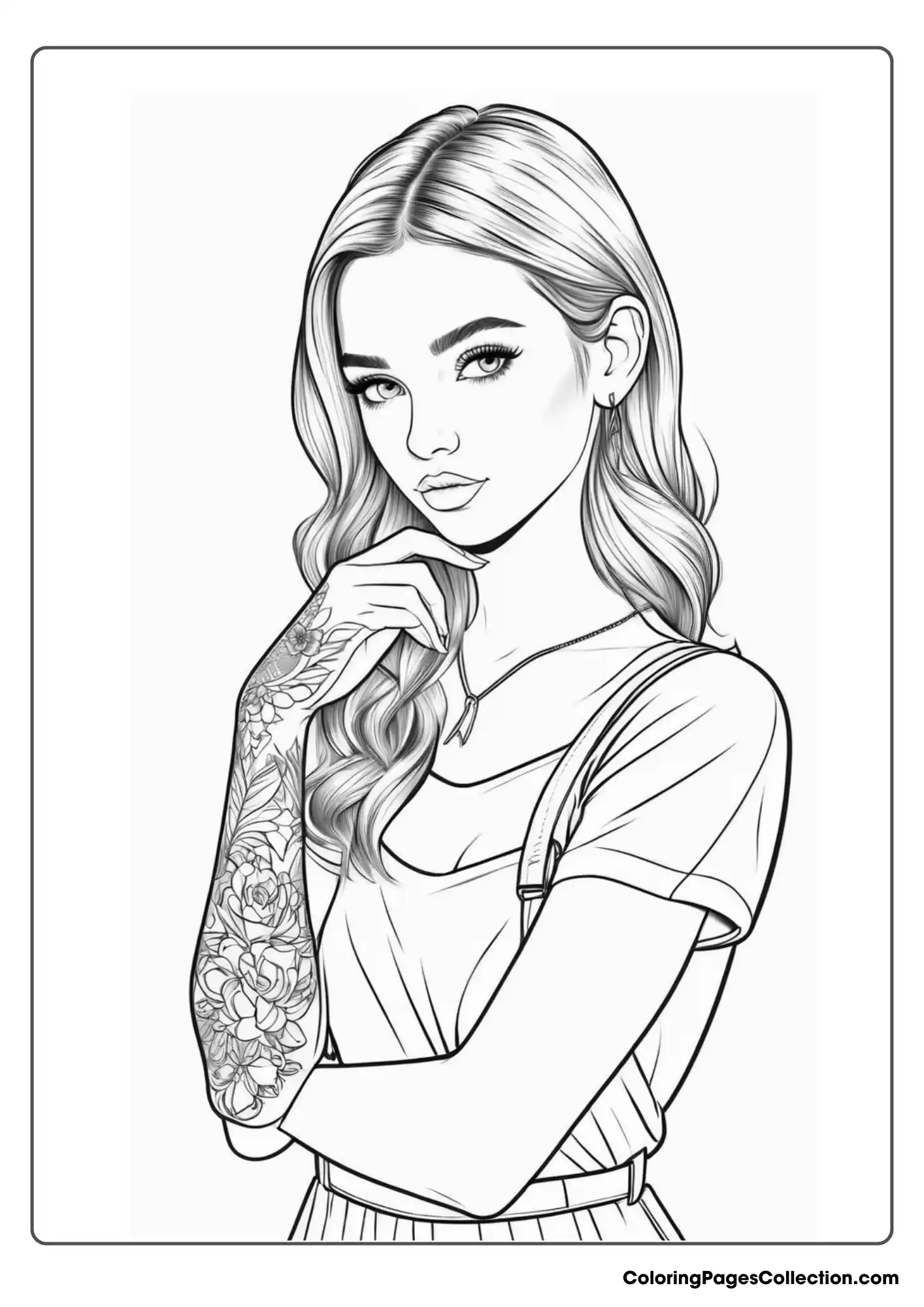 Coloring pages for teens, Girl with Tattoo on Her Right Hand