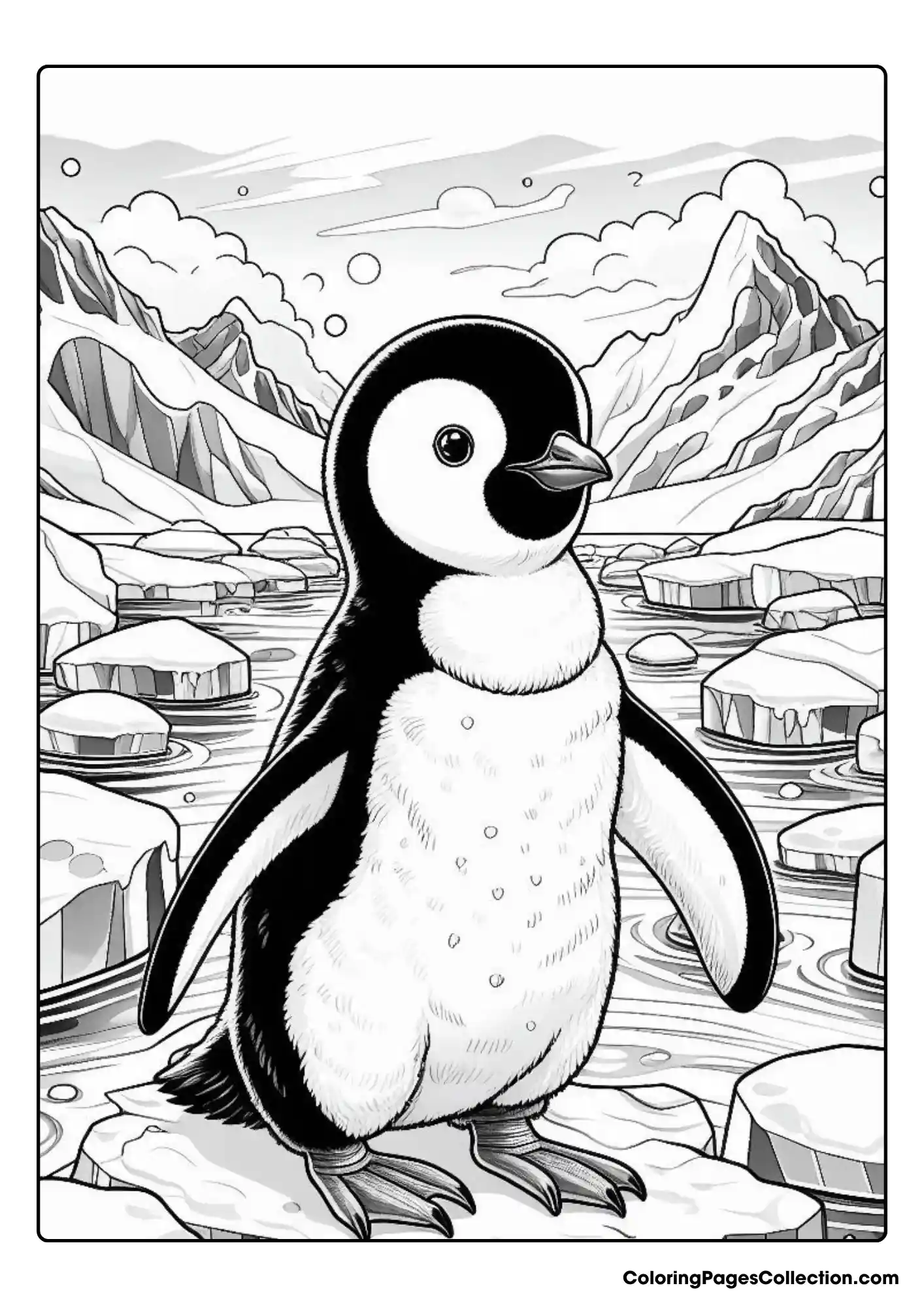 A penguin with ice floes