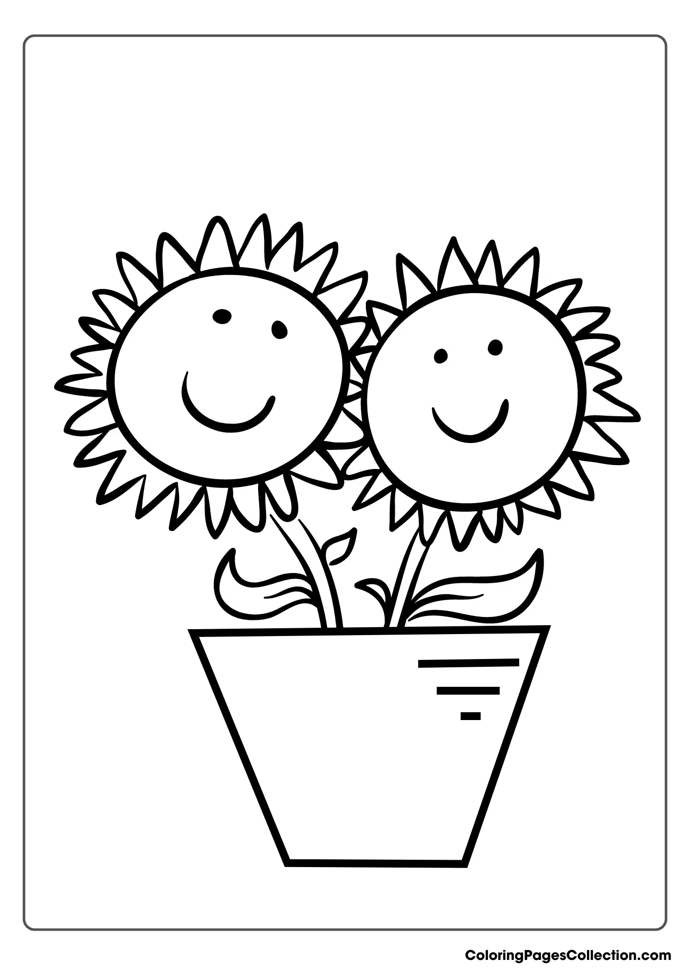 Two Smiling Sunflowers In A Pot Coloring Page