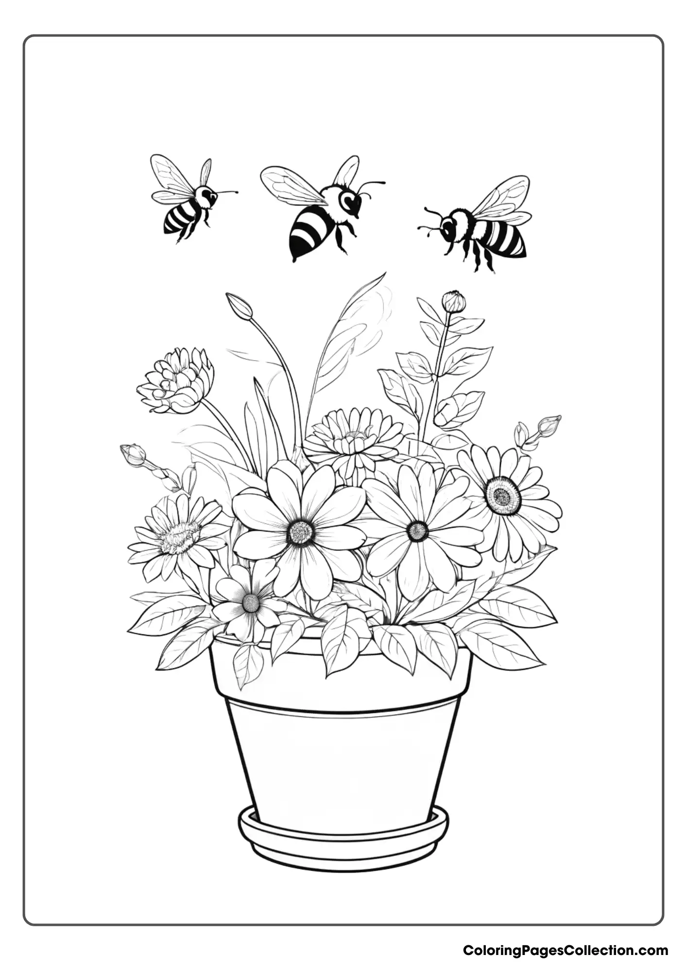A Flower Pot With Bees And Flowers Coloring Page