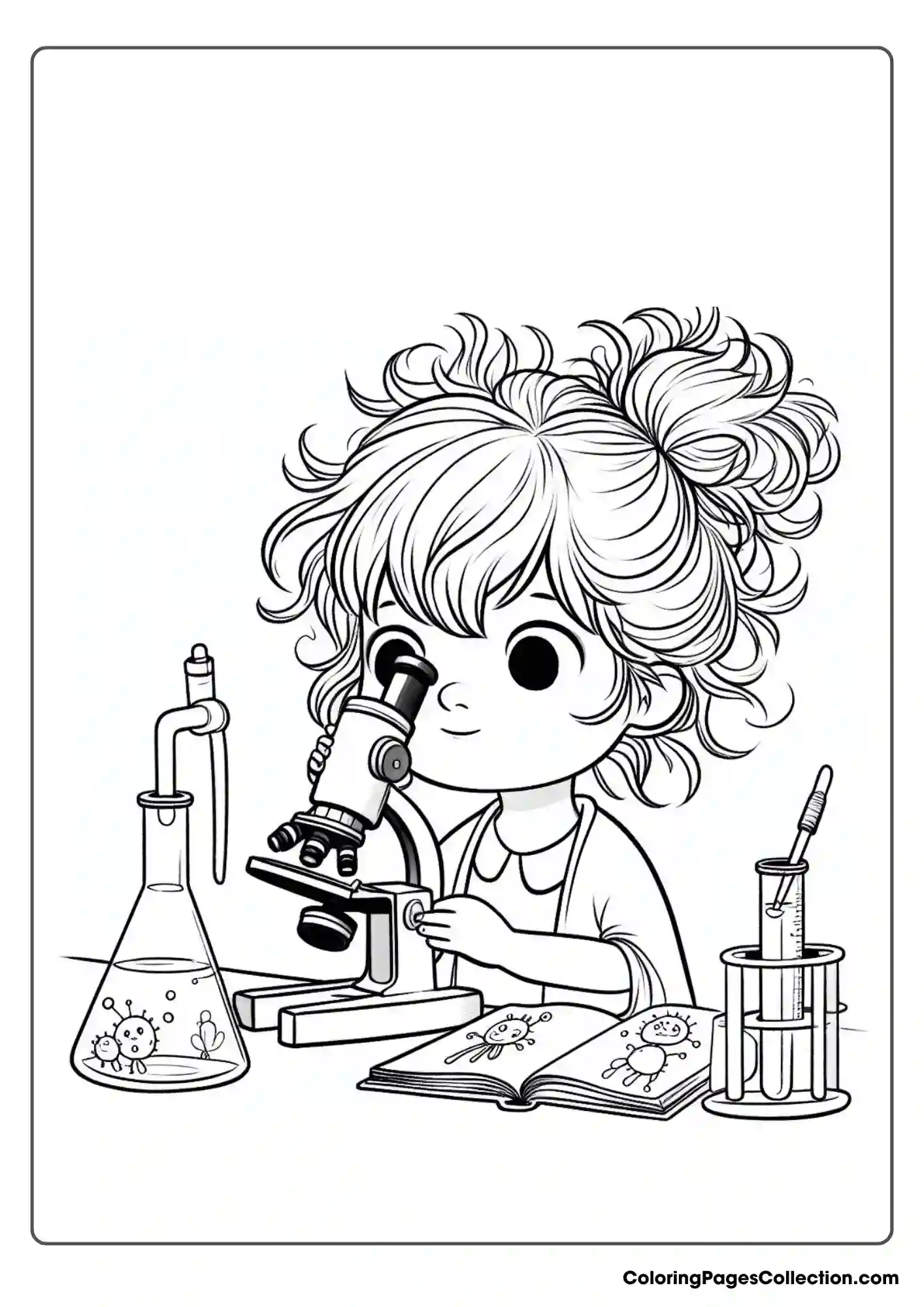 Coloring Page With A Little Girl In A Laboratory