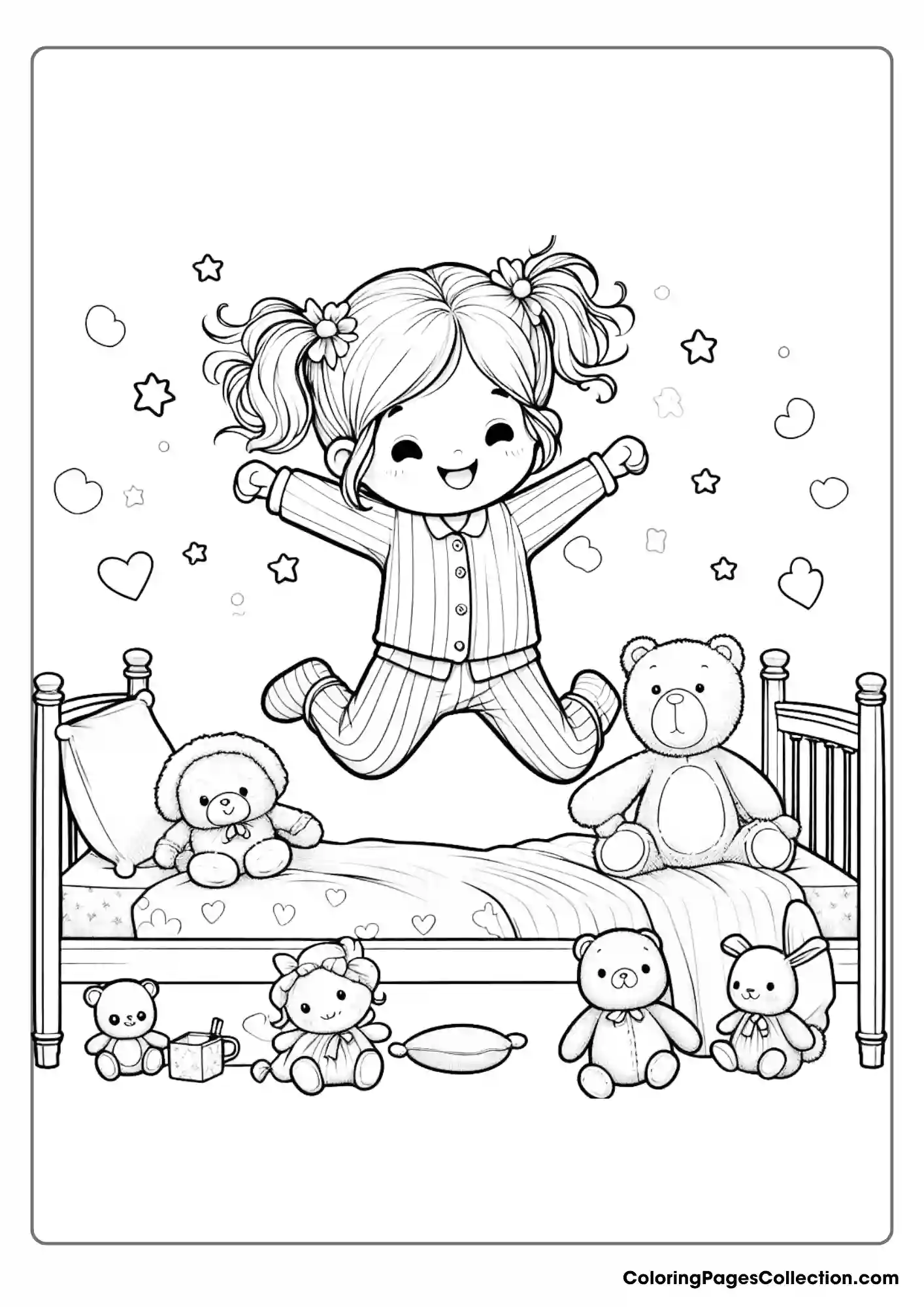 Little Girl Jumping On A Bed With Teddy Bears