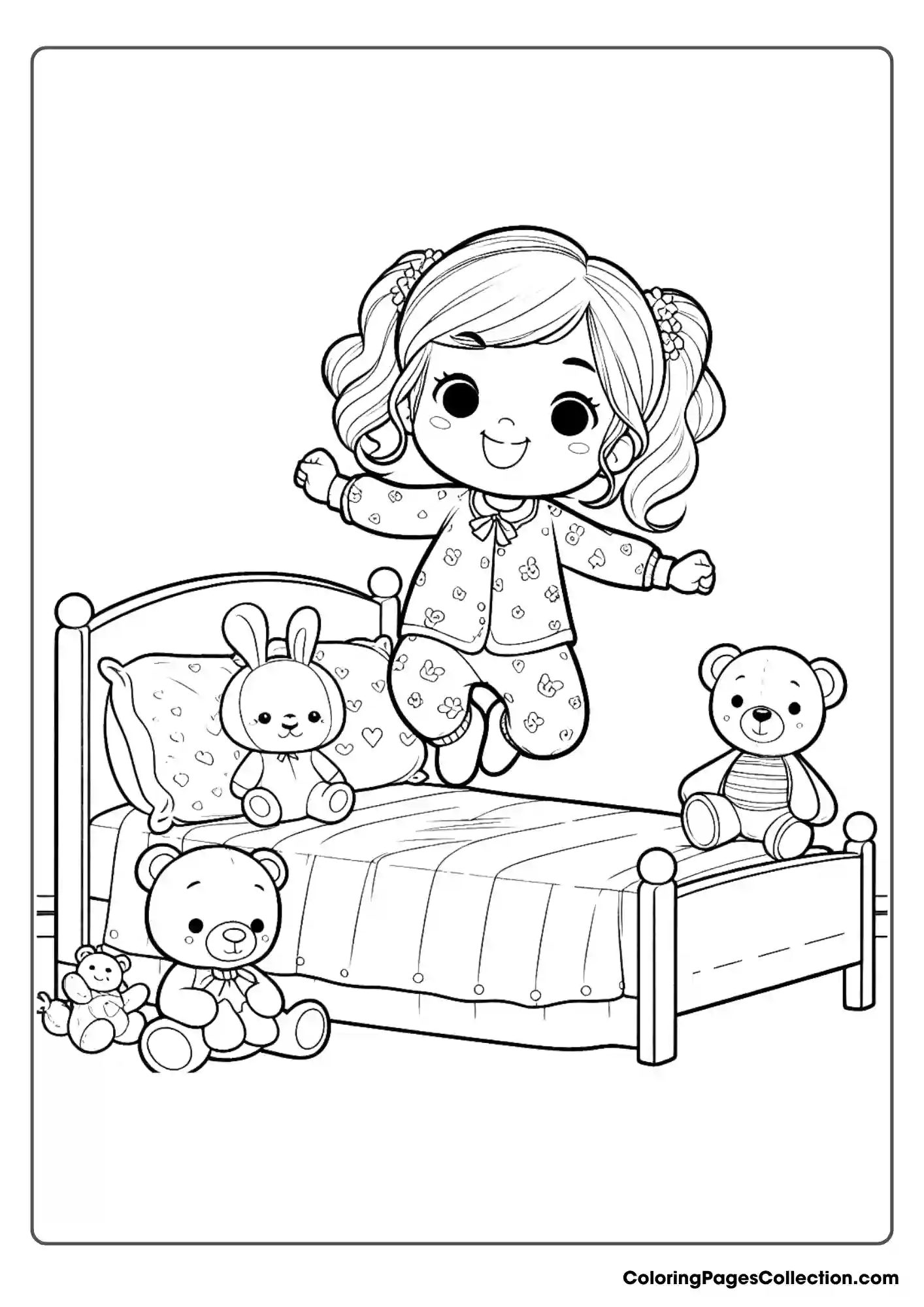 Little Girl Jumping On A Bed With Teddy Bears